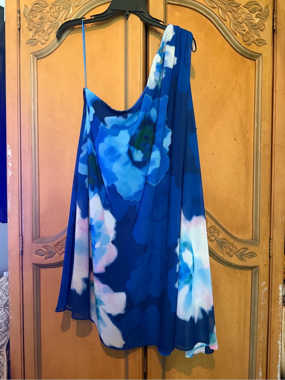 Badgley Mischka Royal Blue One-Shoulder wedding guest cocktail Floral Dress - Picture 2 of 7